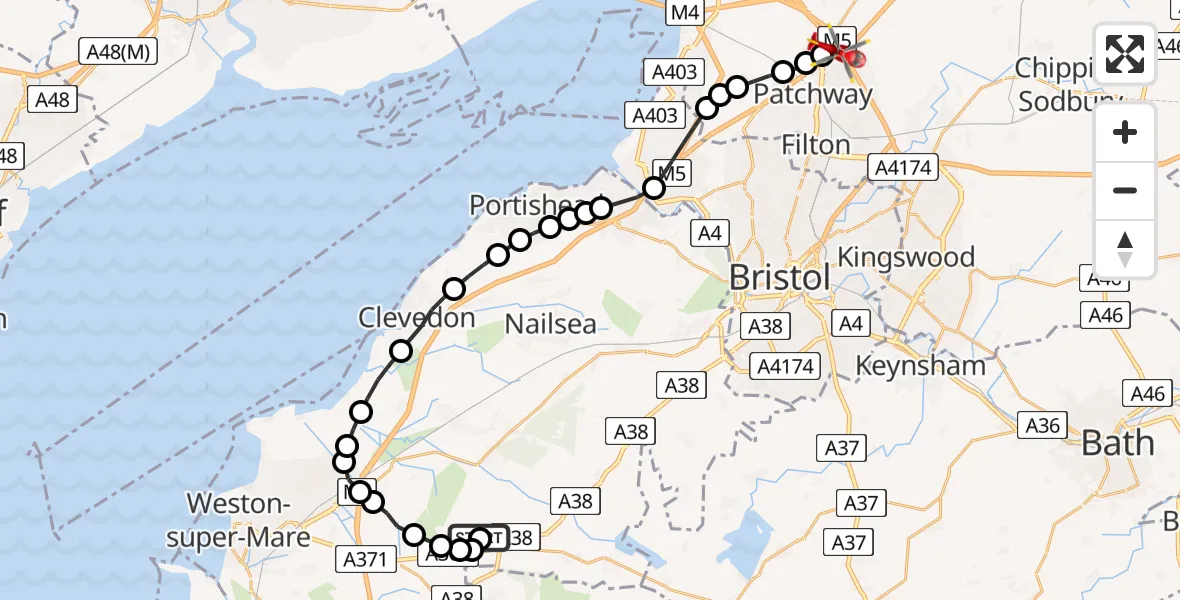 Flight route Air Ambulance Helicopter Churchill - Almondsbury Helicopter Base, 08 May 2026, 12:26