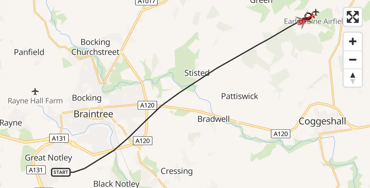 Flight route Air Ambulance Helicopter Braintree - Earls Colne Airfield, 08 May 2026, 12:27