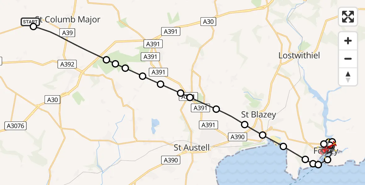 Flight route Air Ambulance Helicopter Cornwall Airport Newquay - Fowey, 08 May 2026, 12:43
