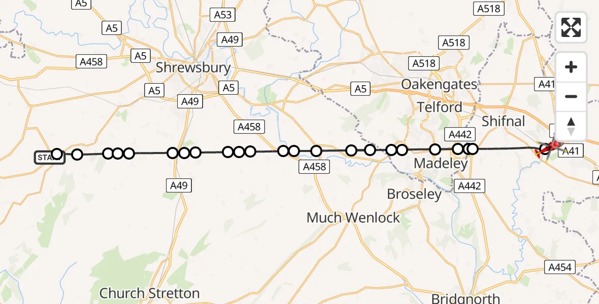 Flight route Air Ambulance Helicopter Minsterley - Cosford, 08 May 2026, 12:50