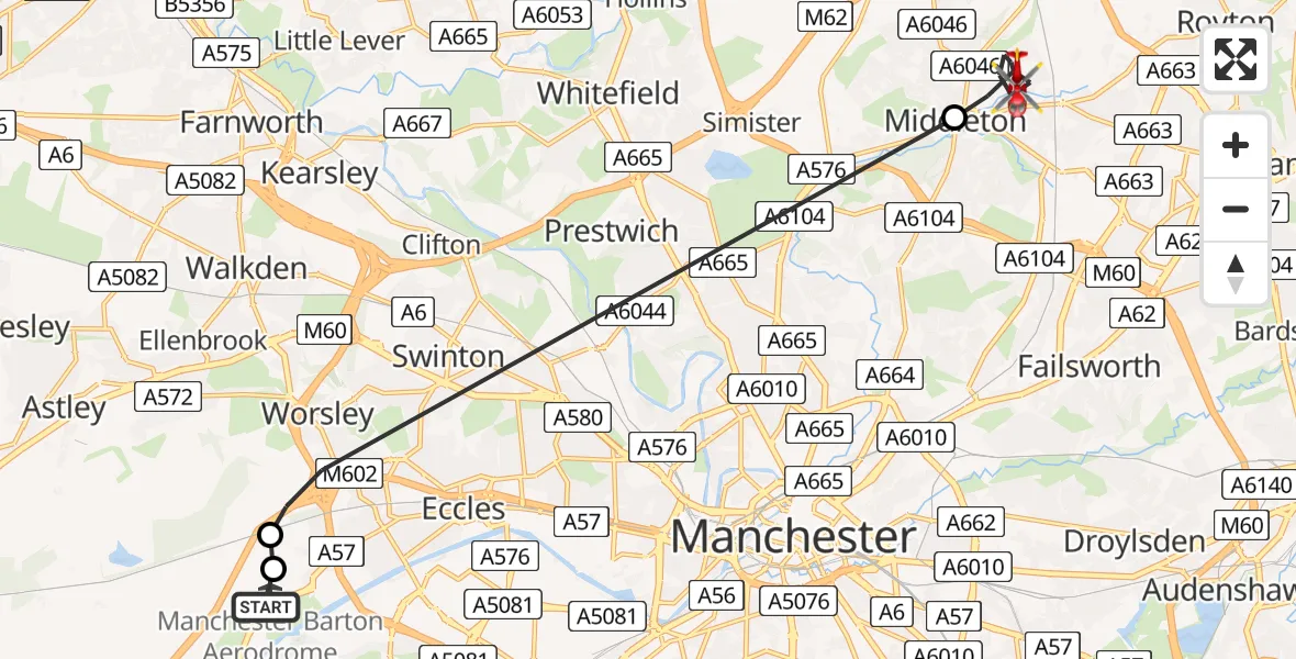 Flight route Air Ambulance Helicopter Manchester Barton Aerodrome - Middleton, 08 May 2026, 12:55