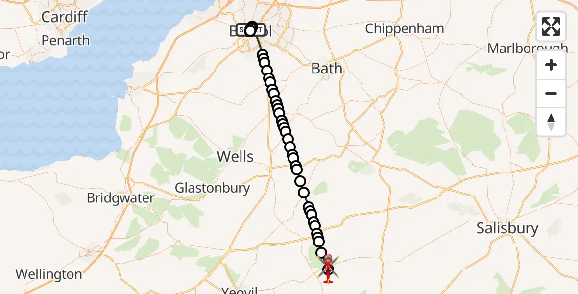 Flight route Air Ambulance Helicopter Bristol Royal Infirmary - Henstridge Airfield, 08 May 2026, 12:59