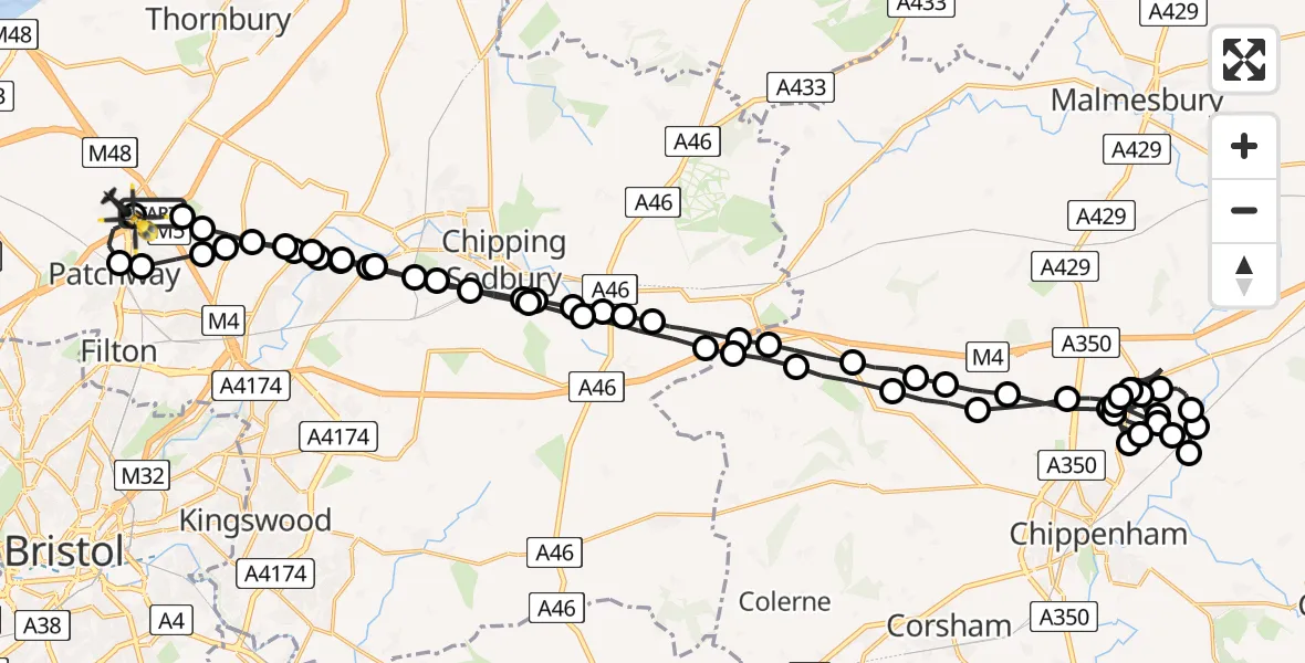 Flight route Police Helicopter Almondsbury Helicopter Base - Almondsbury Helicopter Base, 08 May 2026, 13:00