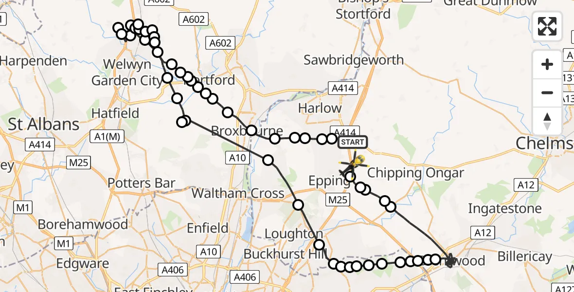 Flight route Police Helicopter North Weald Bassett - Coopersale, 08 May 2026, 13:04