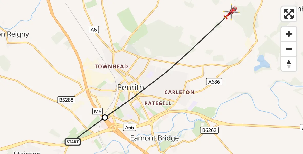 Flight route Air Ambulance Helicopter Stainton - Penrith, 08 May 2026, 13:26