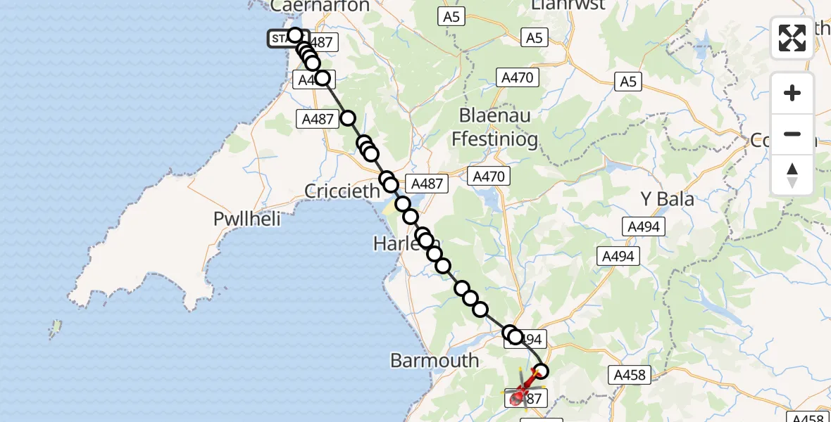 Flight route Air Ambulance Helicopter Caernarfon Airport - Llanfihangel-y-Pennant, 08 May 2026, 13:27