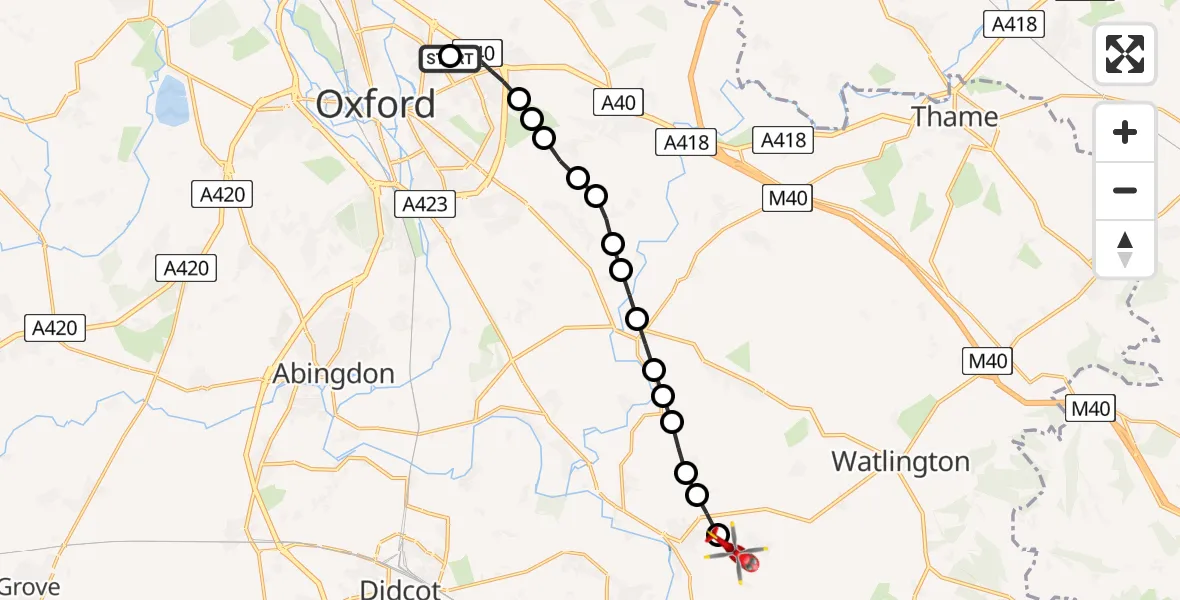 Flight route Air Ambulance Helicopter John Radcliffe Hospital - RAF Benson, 08 May 2026, 13:27