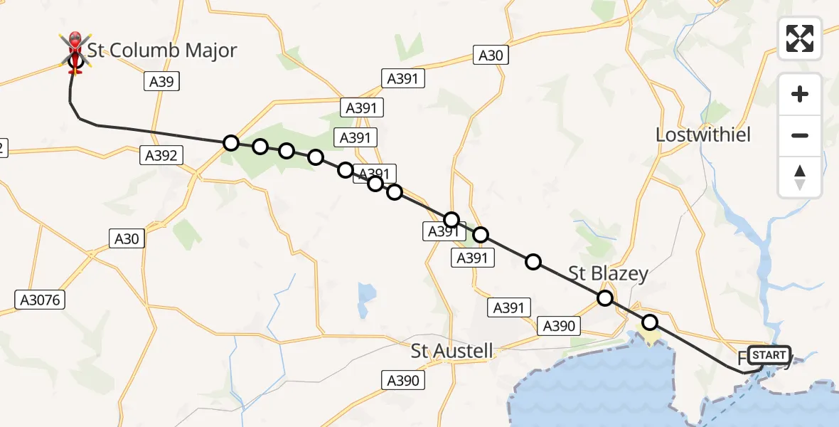 Flight route Air Ambulance Helicopter Fowey - Cornwall Airport Newquay, 08 May 2026, 13:33