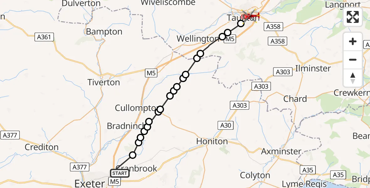 Flight route Air Ambulance Helicopter West Clyst - Taunton, 08 May 2026, 13:45