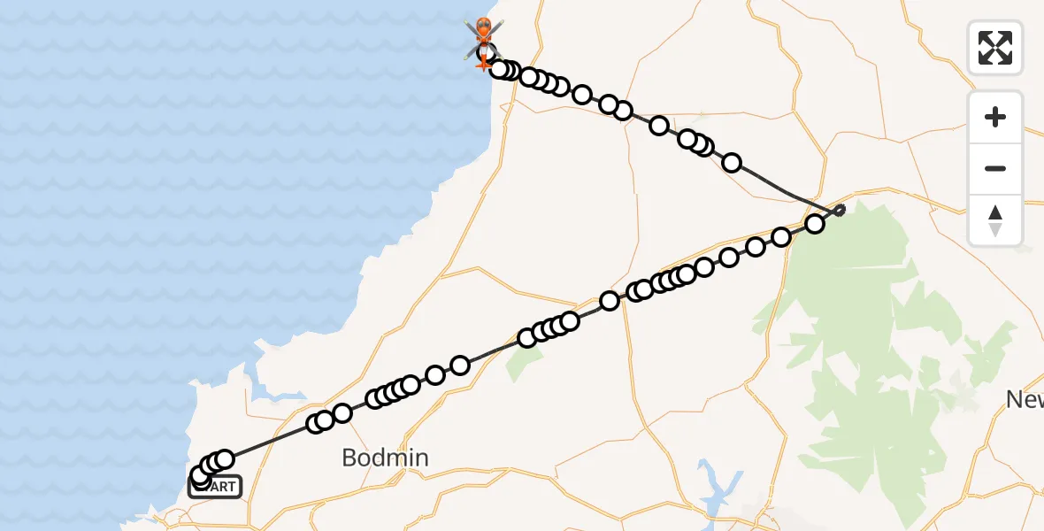 Flight route Coastguard Helicopter Cornwall Airport Newquay - Morwenstow, 08 May 2026, 13:57