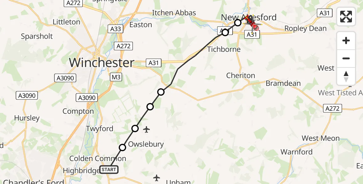 Flight route Air Ambulance Helicopter Colden Common - New Alresford, 08 May 2026, 14:10
