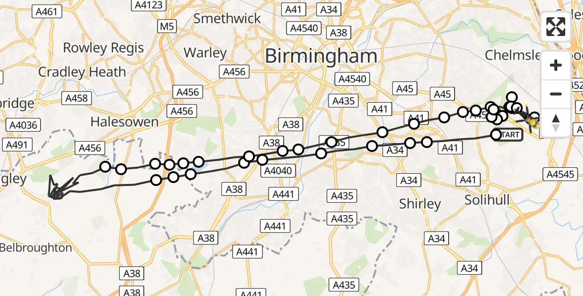 Flight route Police Helicopter Solihull - Birmingham Airport, 08 May 2026, 14:21