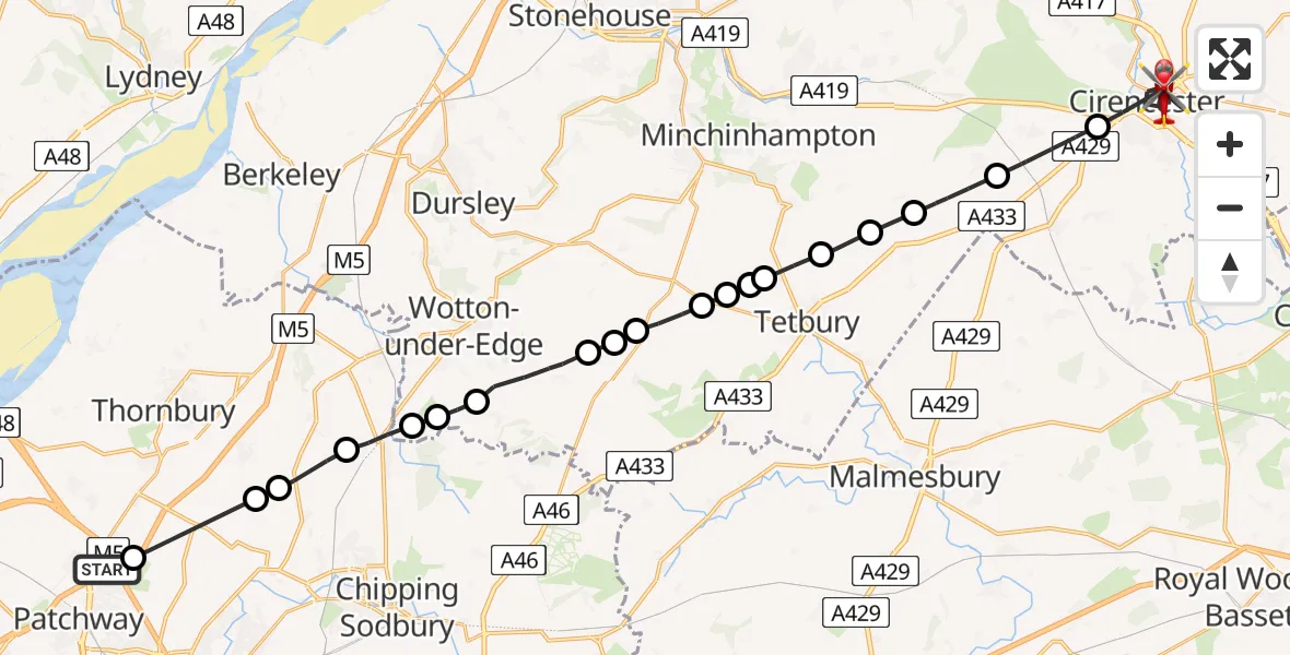Flight route Air Ambulance Helicopter Almondsbury Helicopter Base - Cirencester, 08 May 2026, 14:32
