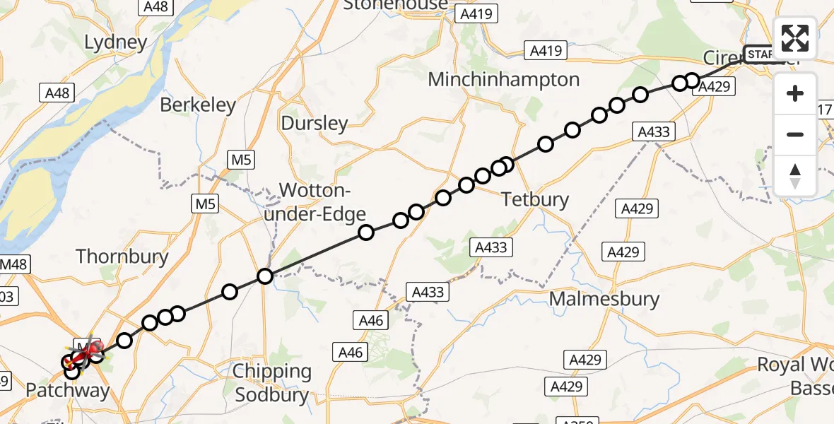 Flight route Air Ambulance Helicopter Cirencester - Almondsbury Helicopter Base, 08 May 2026, 14:52