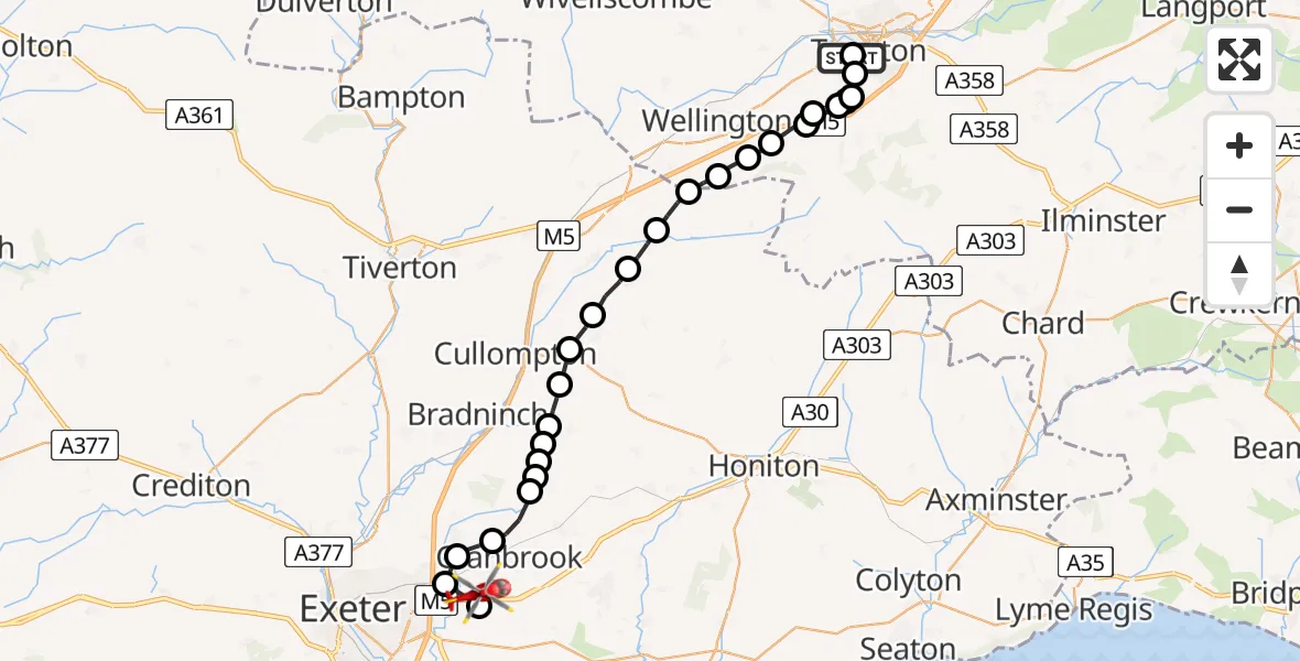 Flight route Air Ambulance Helicopter Musgrove Hospital - Exeter International Airport, 08 May 2026, 14:59