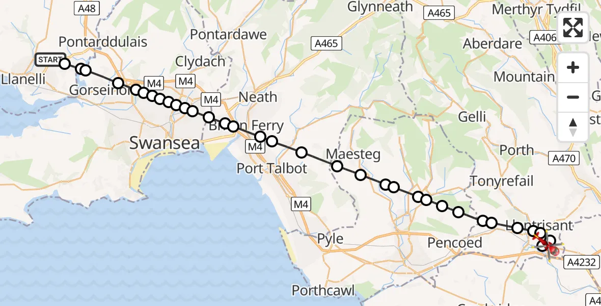Flight route Air Ambulance Helicopter Dafen - Miskin, 08 May 2026, 15:09