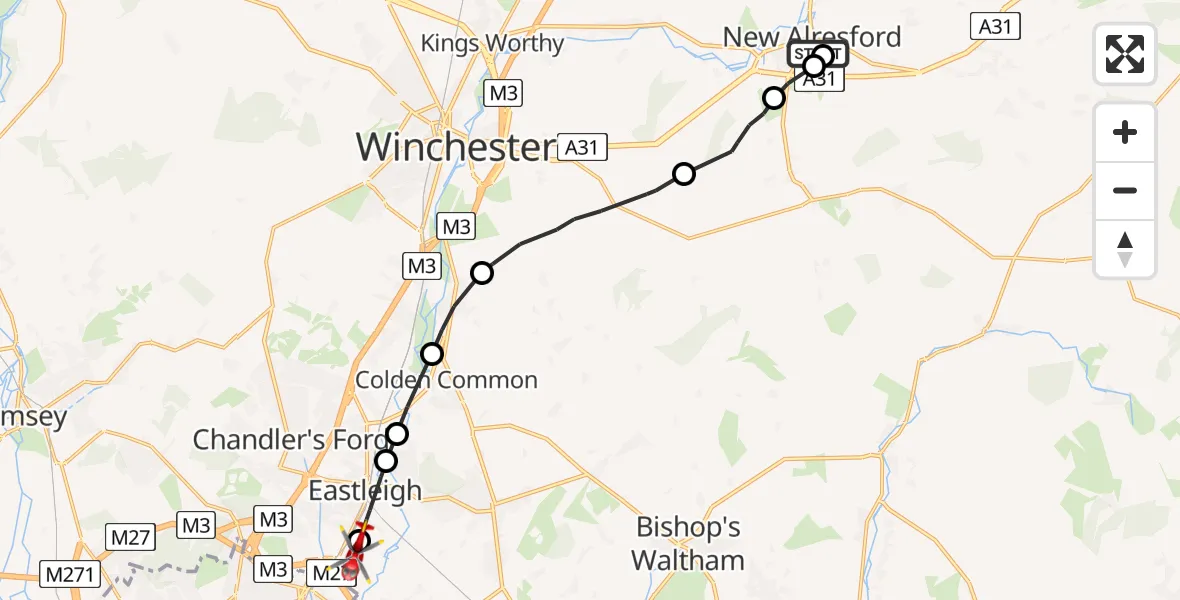 Flight route Air Ambulance Helicopter New Alresford - Southampton Airport, 08 May 2026, 15:11