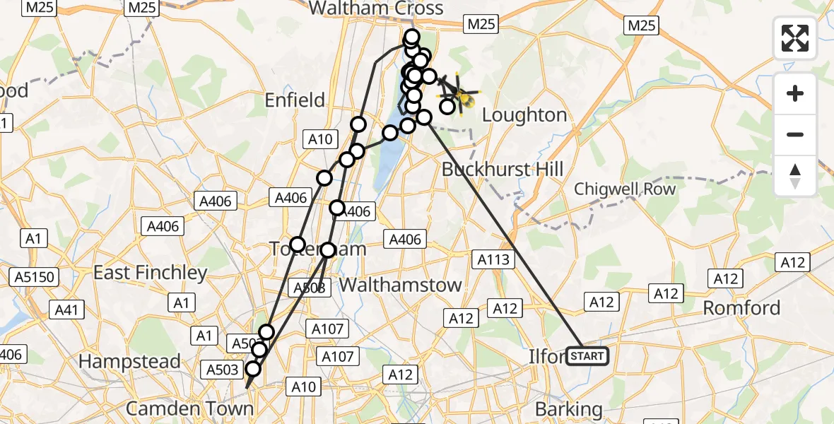 Flight route Police Helicopter Seven Kings - Sewardstonebury, 08 May 2026, 15:54