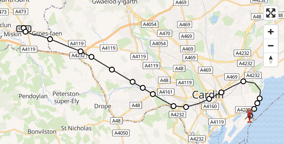 Flight route Air Ambulance Helicopter Llantrisant - Cardiff Heliport, 08 May 2026, 16:23