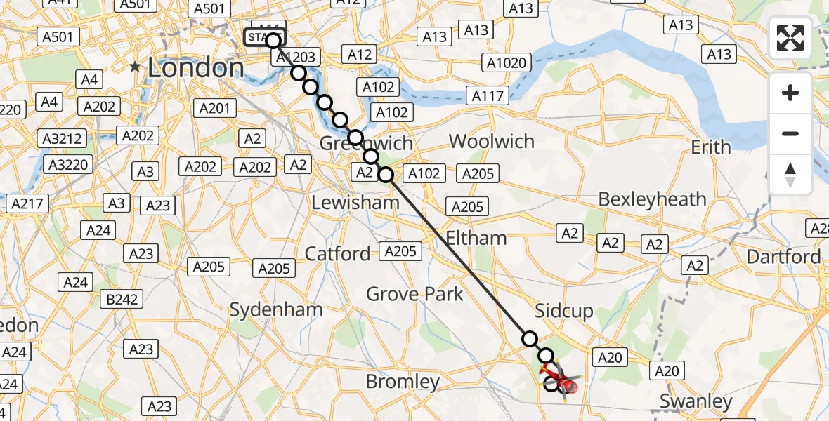 Flight route Air Ambulance Helicopter Royal London Hospital - St Paul's Cray, 08 May 2026, 16:32