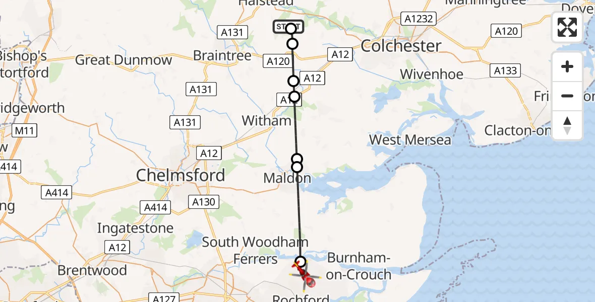 Flight route Air Ambulance Helicopter Earls Colne Airfield - Rochford, 08 May 2026, 16:45