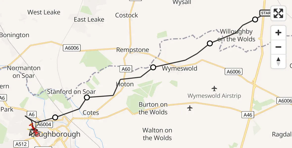 Flight route Air Ambulance Helicopter Rushcliffe - Loughborough, 08 May 2026, 16:51