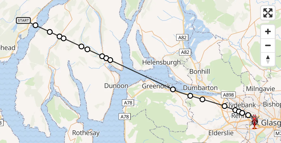 Flight route Air Ambulance Helicopter Argyll and Bute - Queen Elizabeth Hospital, 08 May 2026, 16:54