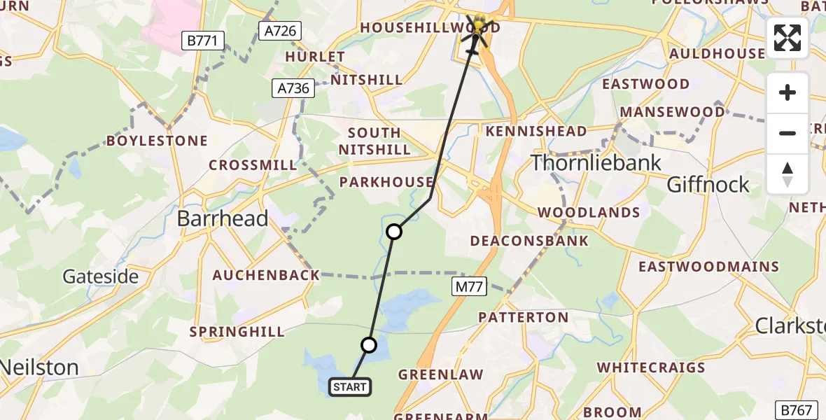 Flight route Police Helicopter Barrhead - Glasgow, 08 May 2026, 16:55