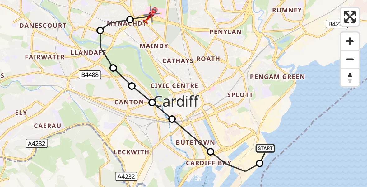 Flight route Air Ambulance Helicopter Cardiff Heliport - Mynachdy, 08 May 2026, 16:58