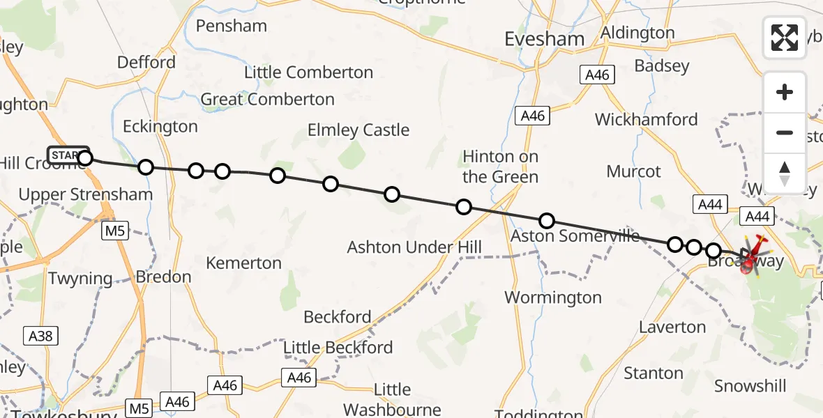 Flight route Air Ambulance Helicopter Kinnersley - Broadway, 08 May 2026, 16:58