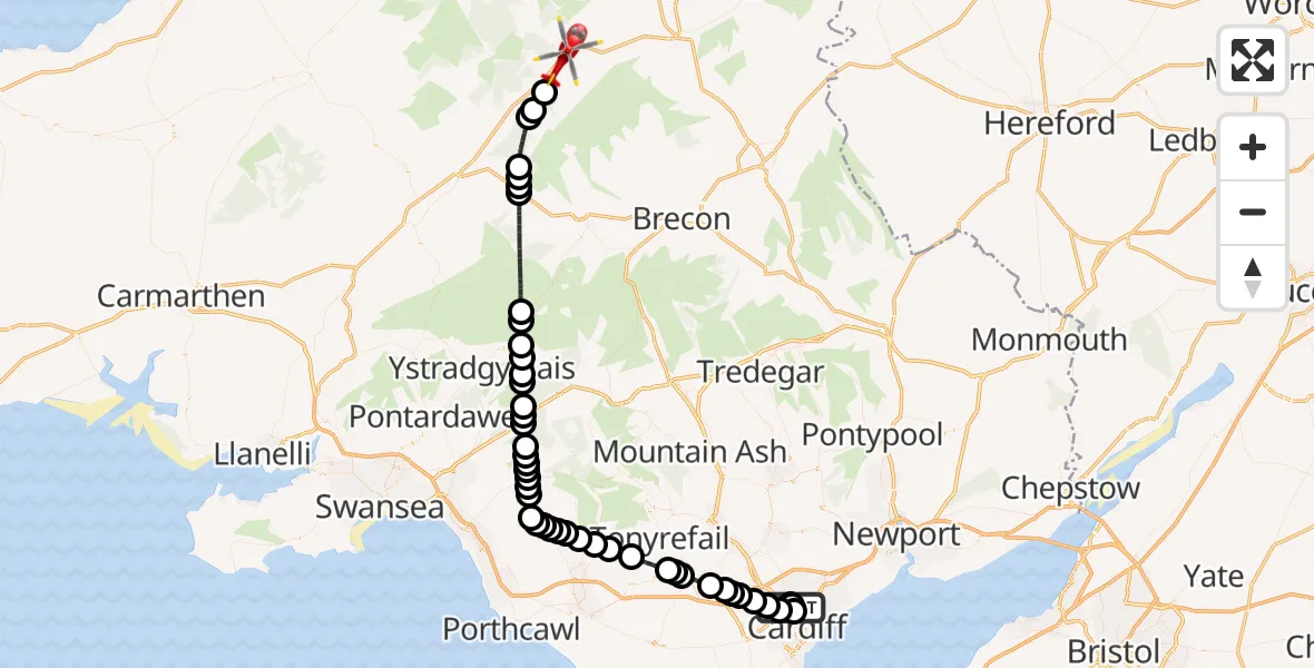 Flight route Air Ambulance Helicopter Birchgrove - Beulah, 08 May 2026, 17:09
