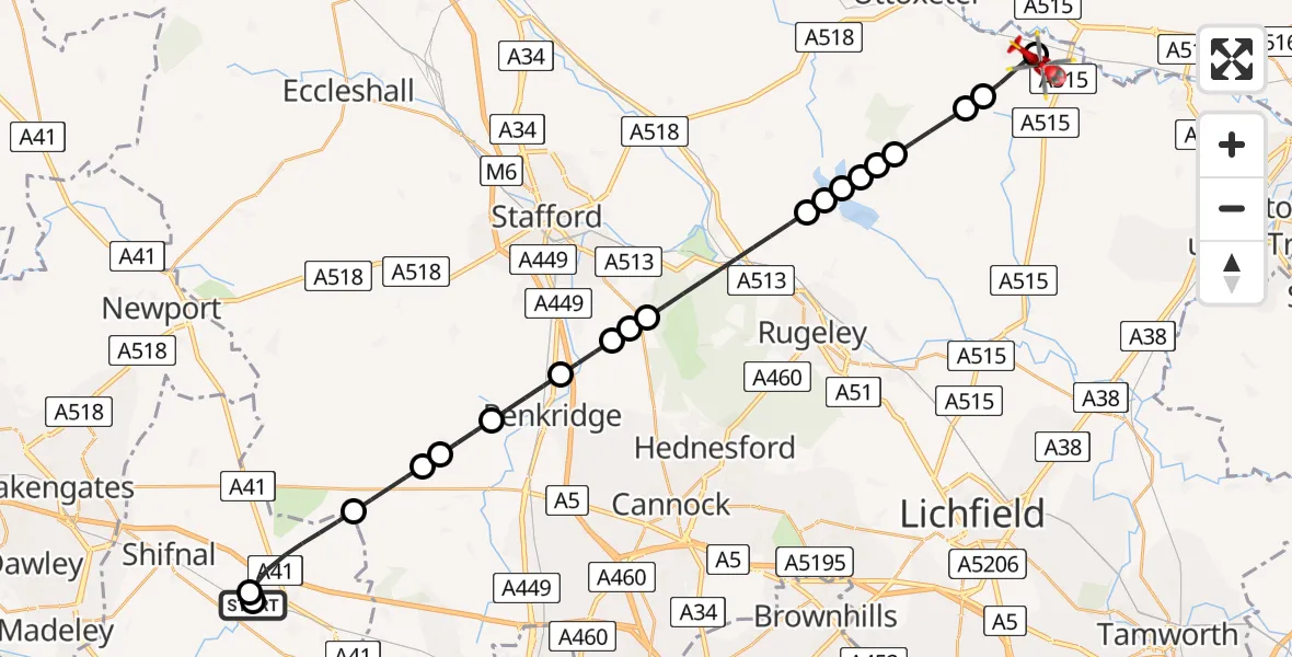 Flight route Air Ambulance Helicopter RAF Cosford - East Staffordshire, 08 May 2026, 17:27