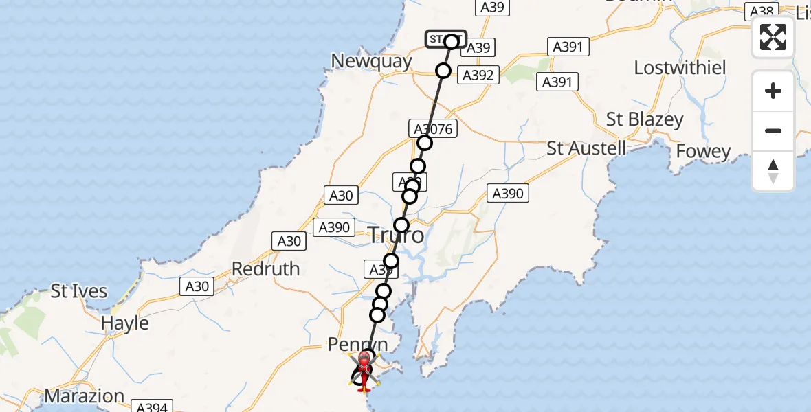 Flight route Air Ambulance Helicopter Cornwall Airport Newquay - Maenporth, 08 May 2026, 17:28