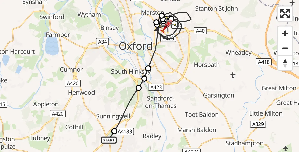 Flight route Air Ambulance Helicopter Abingdon - Oxford, 08 May 2026, 17:28