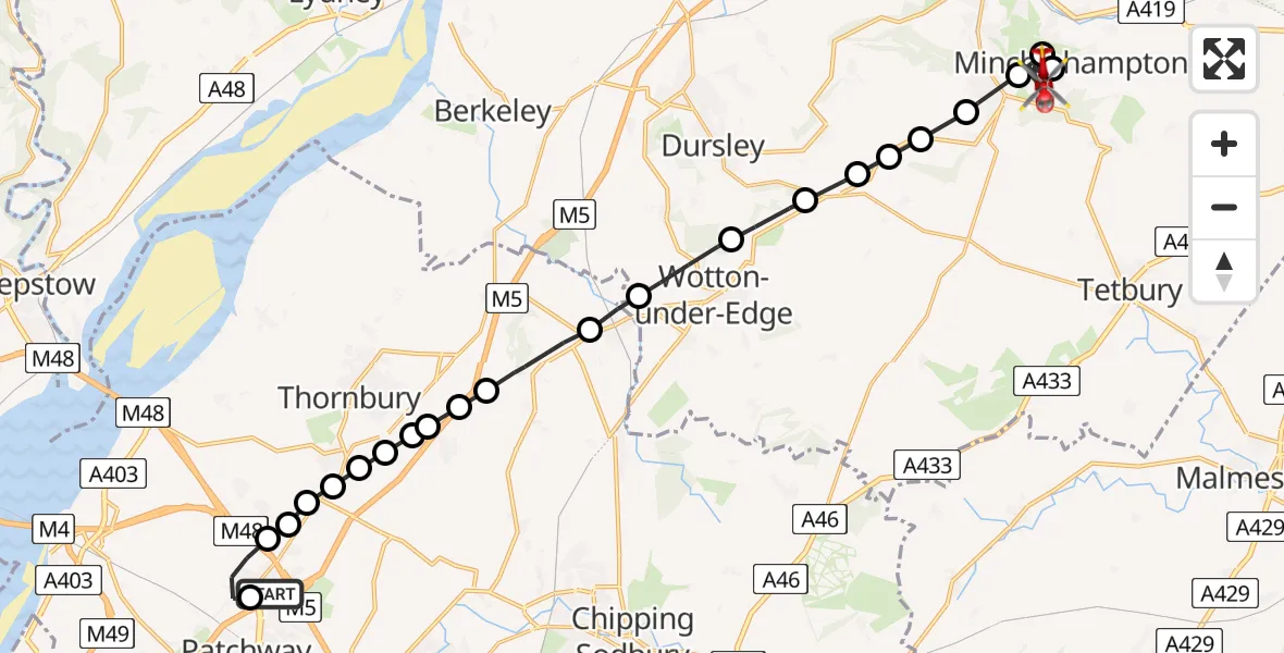 Flight route Air Ambulance Helicopter Almondsbury Helicopter Base - Stroud, 08 May 2026, 17:29