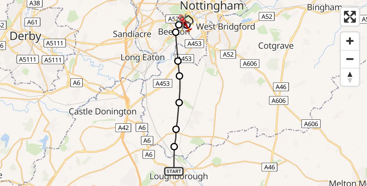 Flight route Air Ambulance Helicopter Loughborough - Beeston, 08 May 2026, 17:31