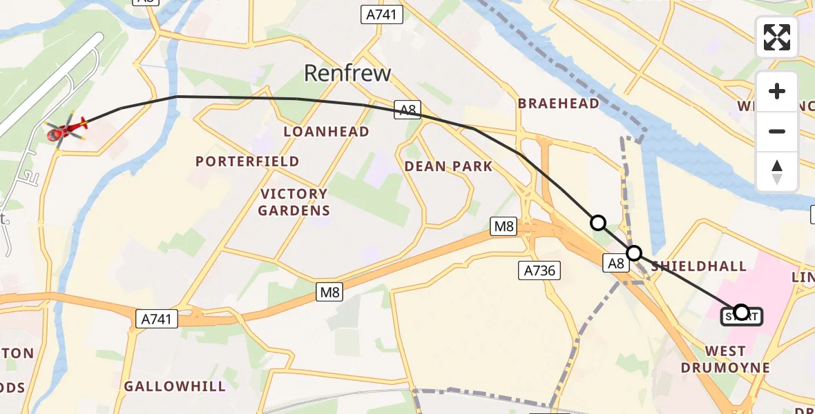 Flight route Air Ambulance Helicopter Queen Elizabeth Hospital - Paisley, 08 May 2026, 17:36