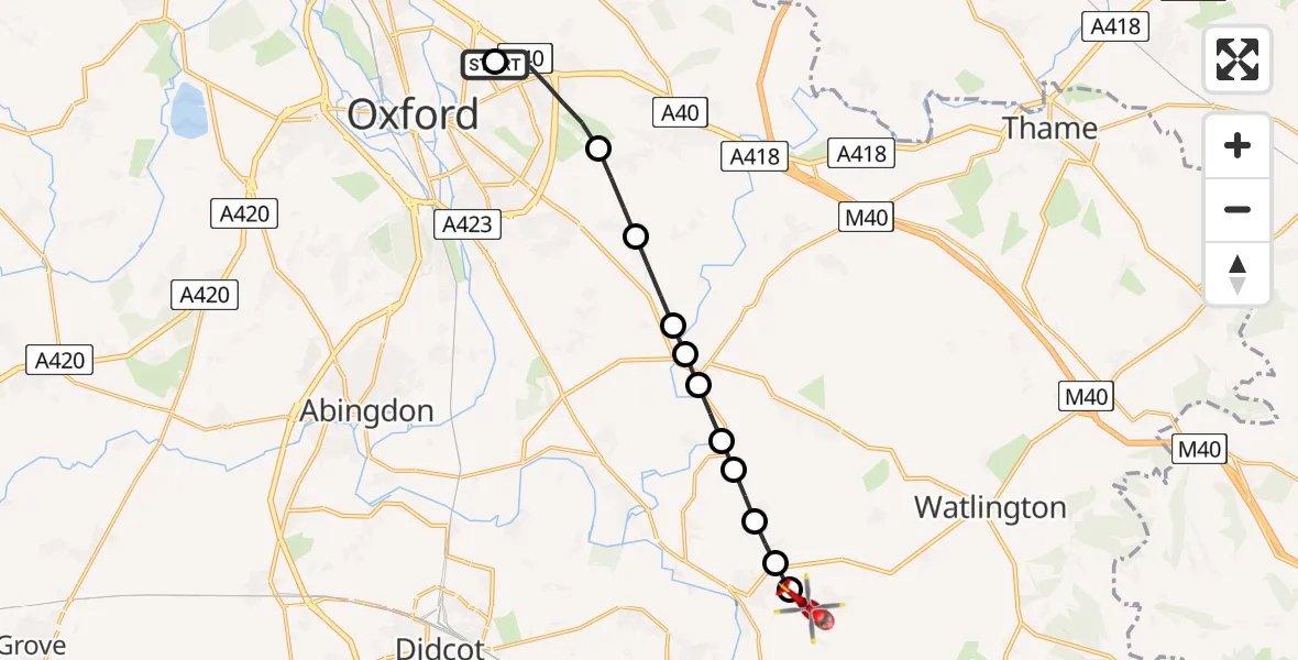 Flight route Air Ambulance Helicopter John Radcliffe Hospital - RAF Benson, 08 May 2026, 17:47