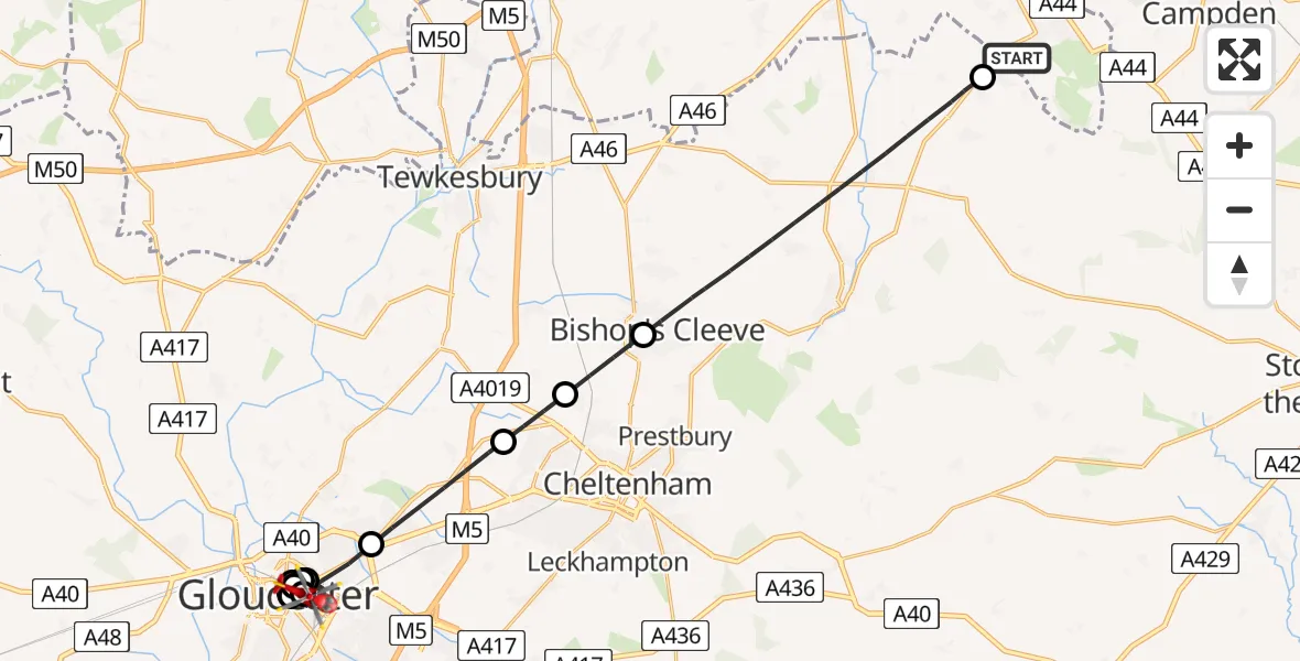 Flight route Air Ambulance Helicopter Broadway - Gloucester, 08 May 2026, 17:50