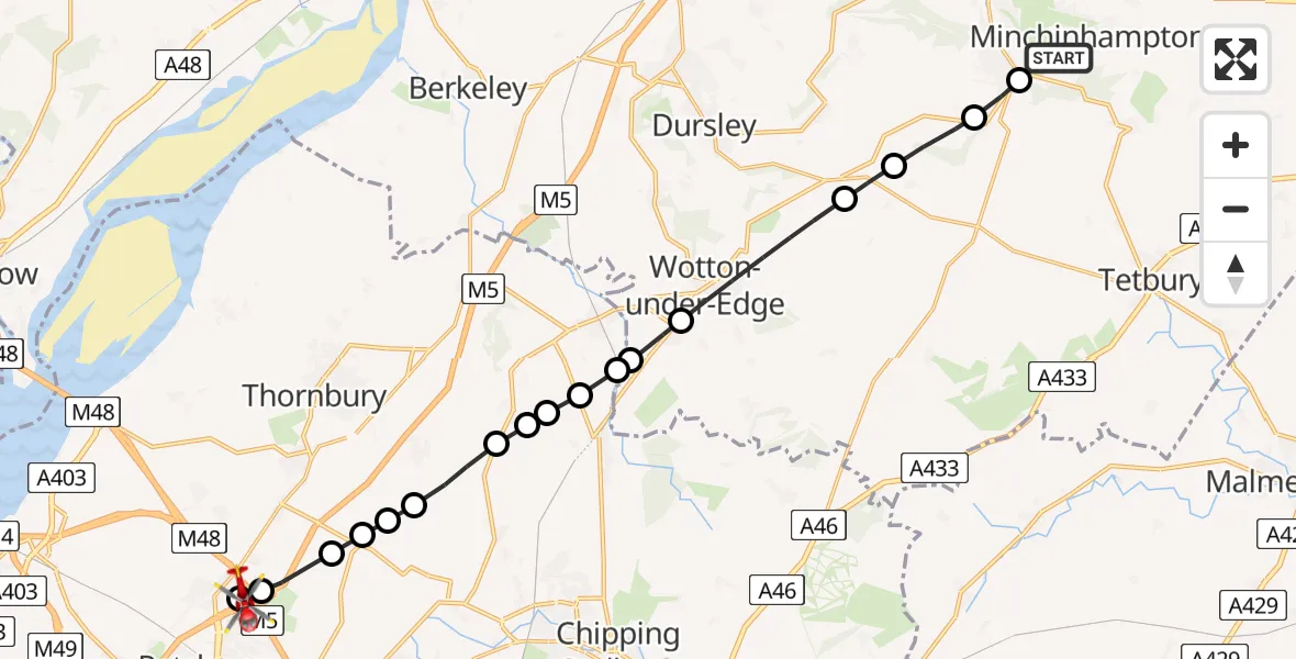 Flight route Air Ambulance Helicopter Stroud - Almondsbury Helicopter Base, 08 May 2026, 18:01