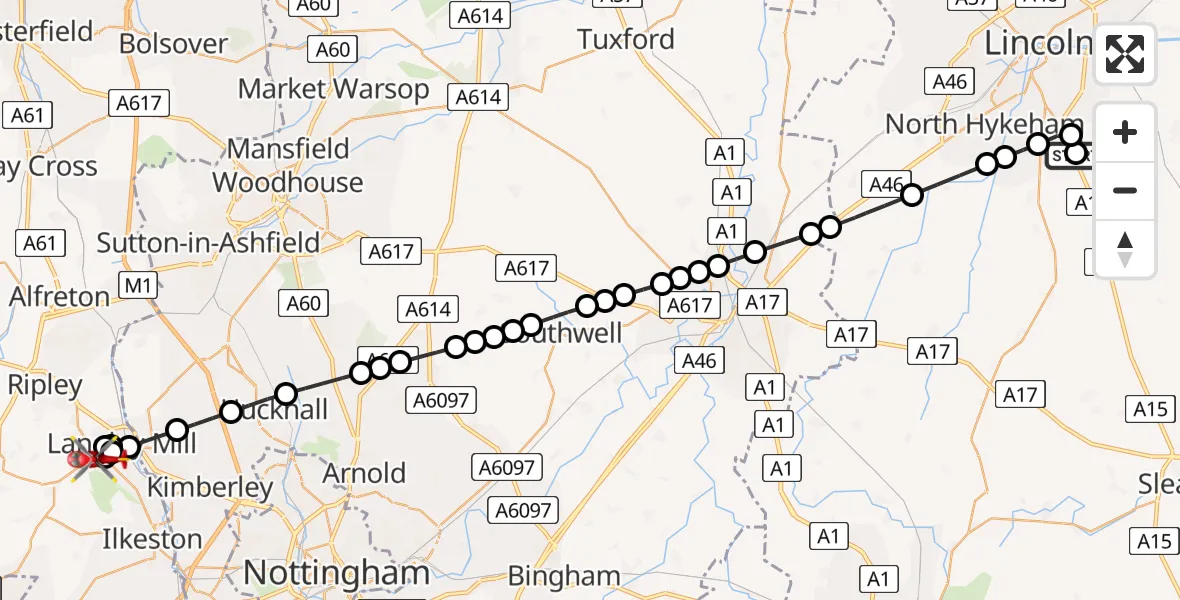 Flight route Air Ambulance Helicopter RAF Waddington - Marlpool, 08 May 2026, 18:02