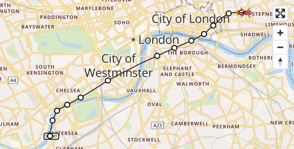 Flight route Air Ambulance Helicopter London Heliport - Royal London Hospital, 08 May 2026, 18:09