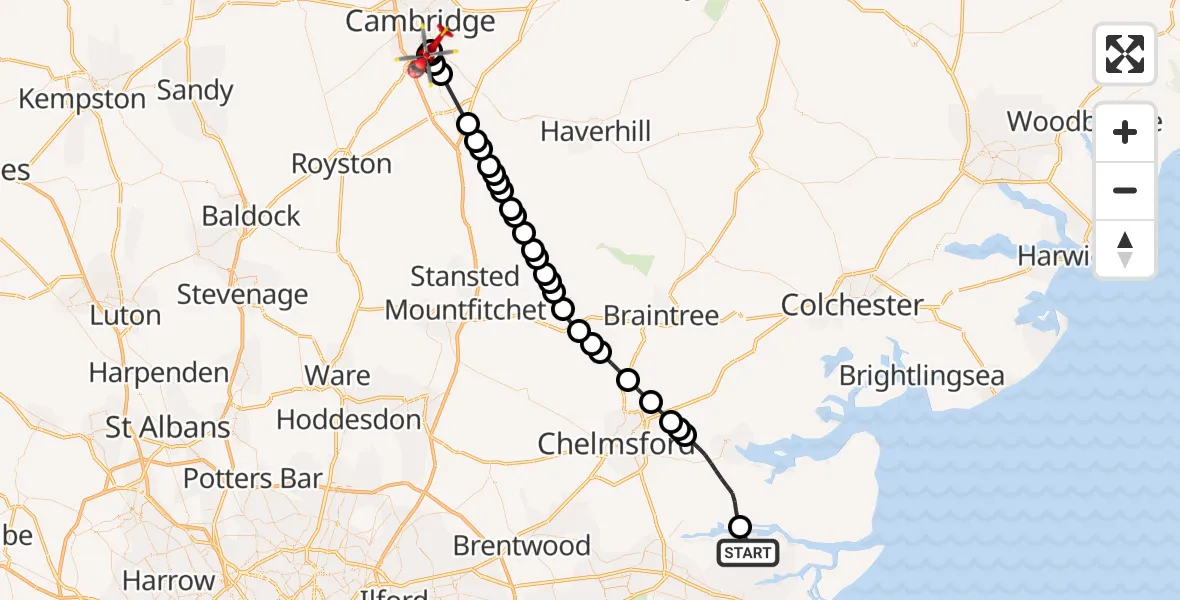Flight route Air Ambulance Helicopter Rochford - Papworth Hospital, 08 May 2026, 18:14