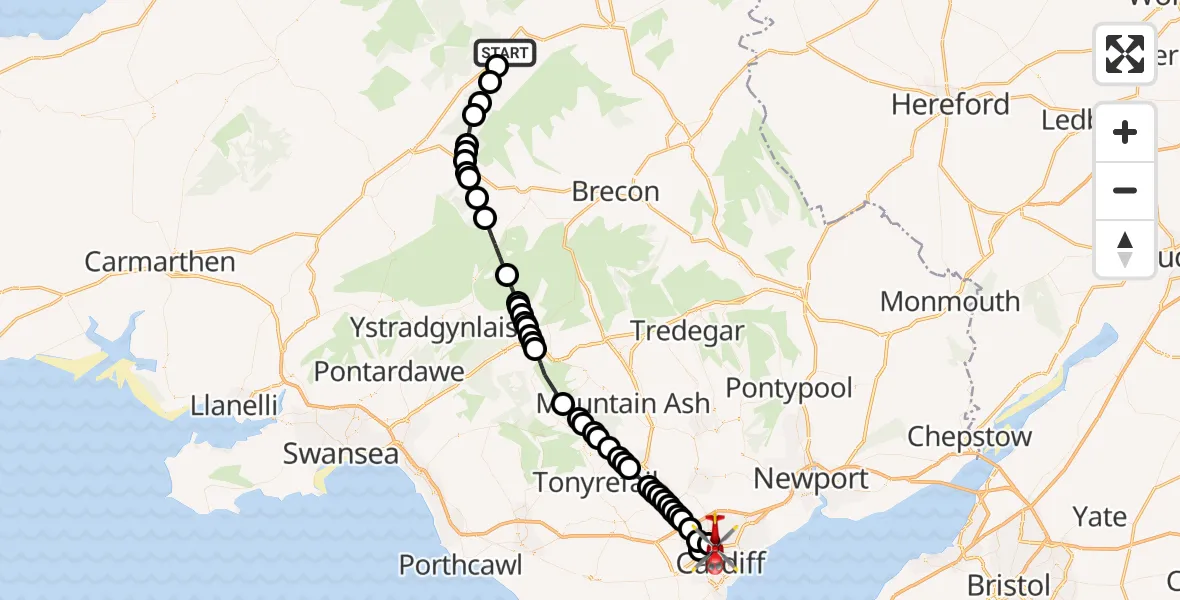 Flight route Air Ambulance Helicopter Beulah - Mynachdy, 08 May 2026, 18:16