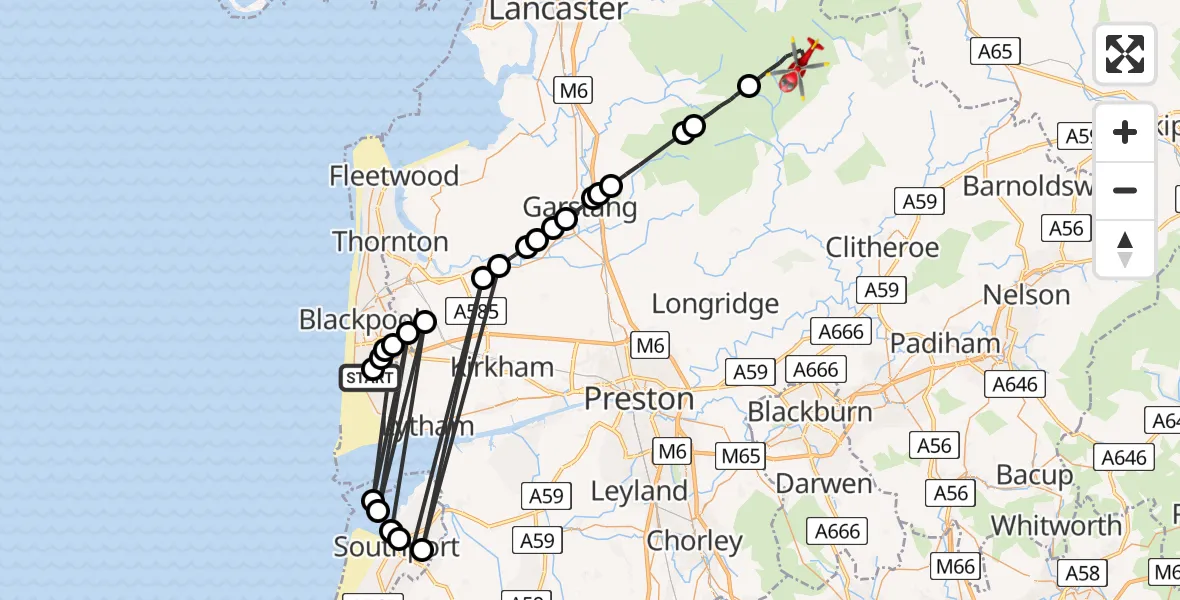 Flight route Air Ambulance Helicopter Blackpool Airport - Ribble Valley, 08 May 2026, 18:20