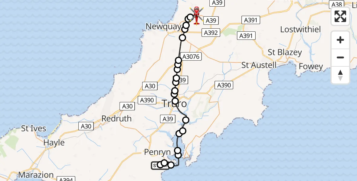 Flight route Air Ambulance Helicopter Budock Water - Cornwall Airport Newquay, 08 May 2026, 18:28