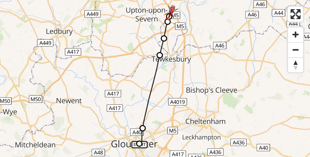 Flight route Air Ambulance Helicopter Gloucester Royal Hospital - Upper Strensham, 08 May 2026, 18:35