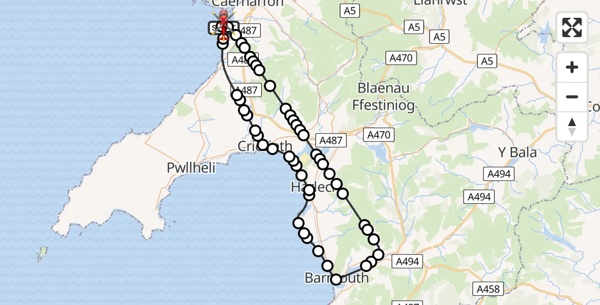Flight route Air Ambulance Helicopter Caernarfon Airport - Caernarfon Airport, 08 May 2026, 18:41