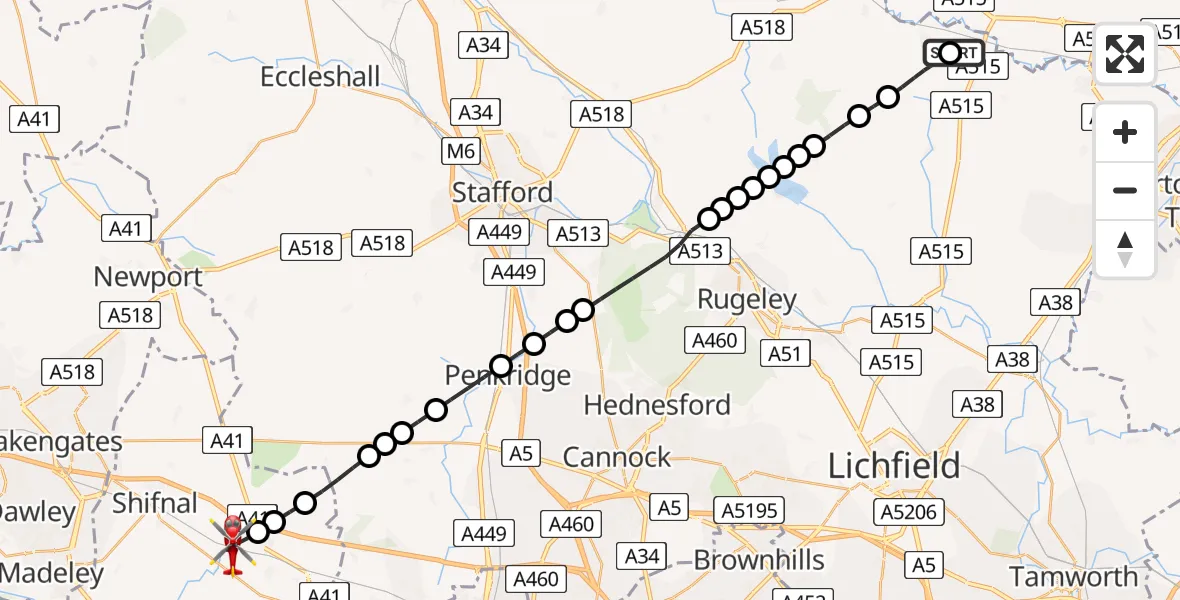 Flight route Air Ambulance Helicopter East Staffordshire - Cosford, 08 May 2026, 18:43