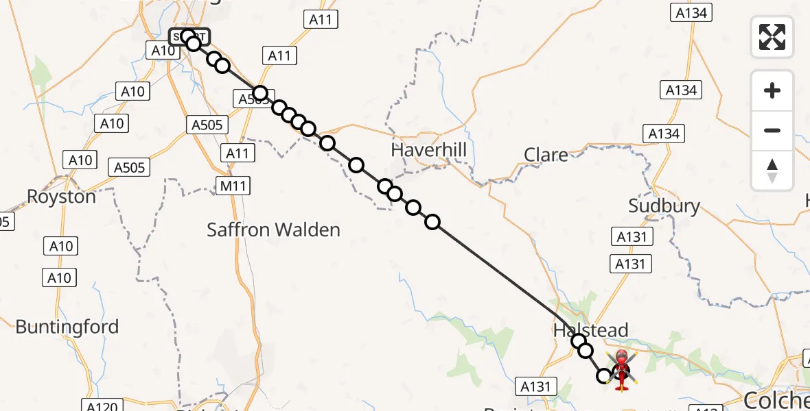 Flight route Air Ambulance Helicopter Papworth Hospital - Earls Colne Airfield, 08 May 2026, 18:46
